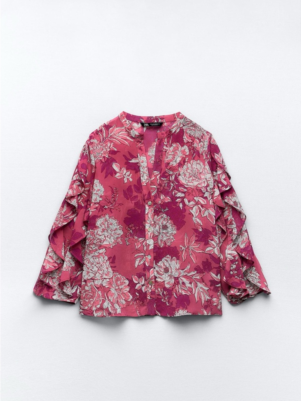 NWOT Zara Pink Floral Ruffle-Sleeve Blouse, Size Small